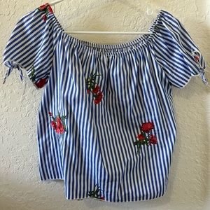 Stripped embroidered floral top